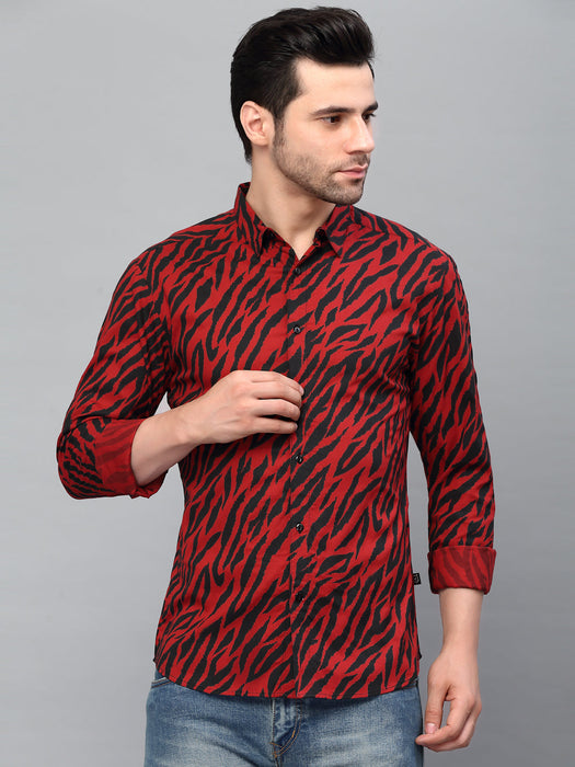 Maroon Zebra Printed Cut Away Collar Full Sleeve Shirt