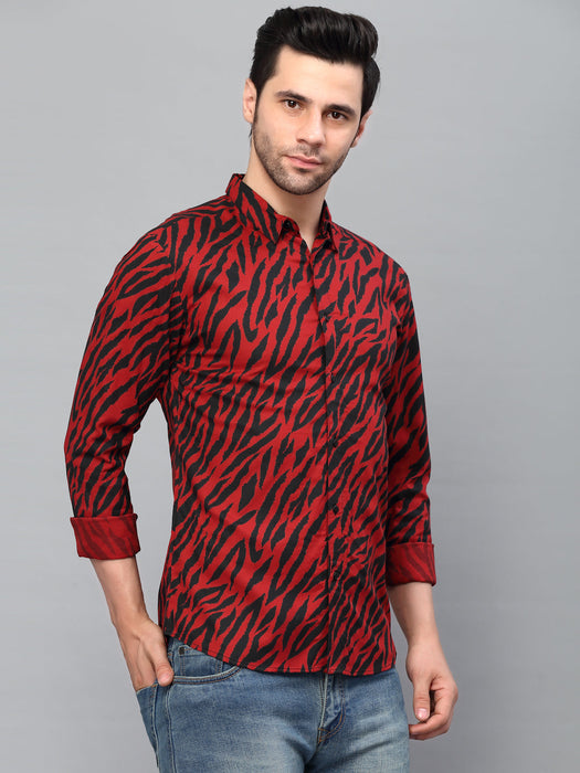 Maroon Zebra Printed Cut Away Collar Full Sleeve Shirt