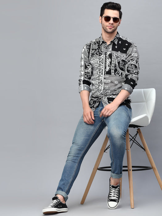 Black Paisley Printed Cut Away Collar Full Sleeve Shirt