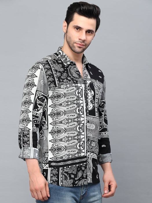 Black Paisley Printed Cut Away Collar Full Sleeve Shirt