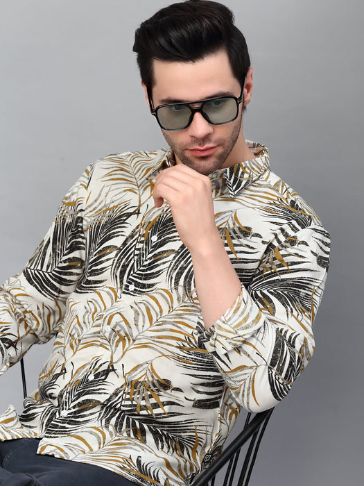 White Palm Leaves Print Cut Away Collar Full Sleeve Shirt