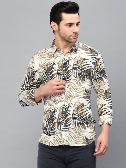 White Palm Leaves Print Cut Away Collar Full Sleeve Shirt