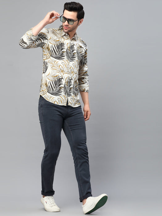 White Palm Leaves Print Cut Away Collar Full Sleeve Shirt