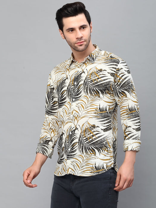 White Palm Leaves Print Cut Away Collar Full Sleeve Shirt