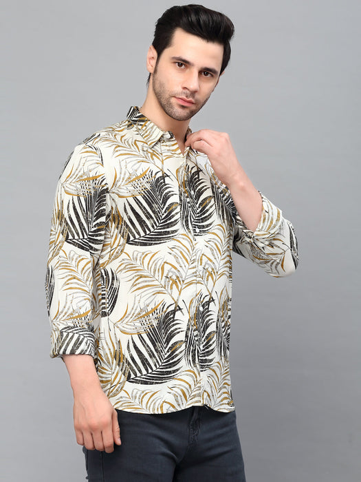 White Palm Leaves Print Cut Away Collar Full Sleeve Shirt