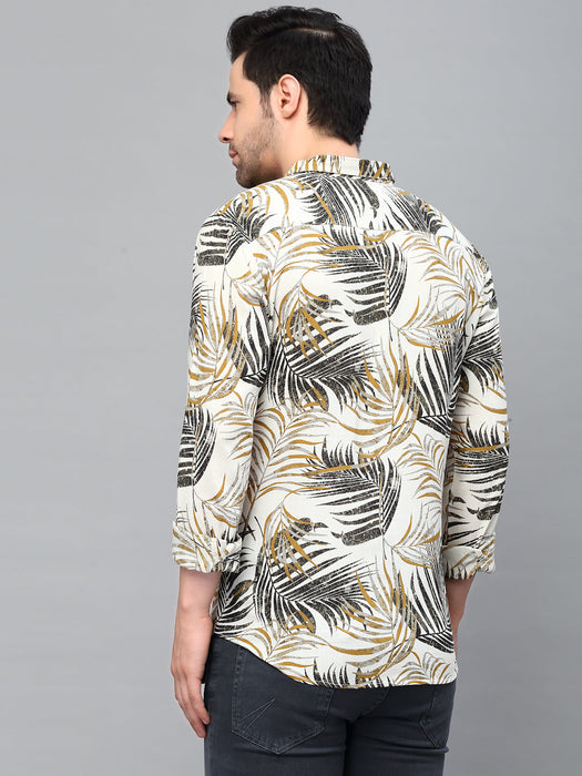 White Palm Leaves Print Cut Away Collar Full Sleeve Shirt