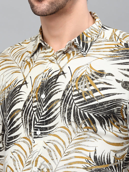 White Palm Leaves Print Cut Away Collar Full Sleeve Shirt