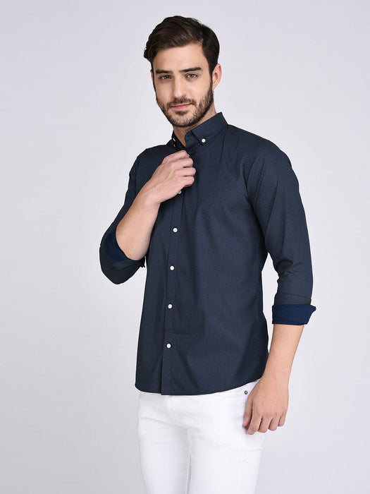 Printed Navy Button Down Collar Shirt-Full