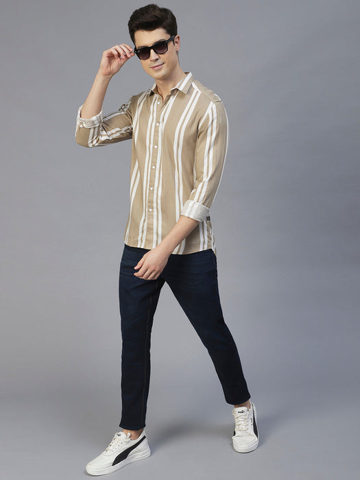 Beige Vertical Stripes Full Sleeves Shirt