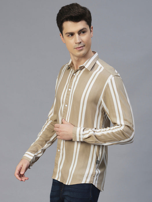 Beige Vertical Stripes Full Sleeves Shirt