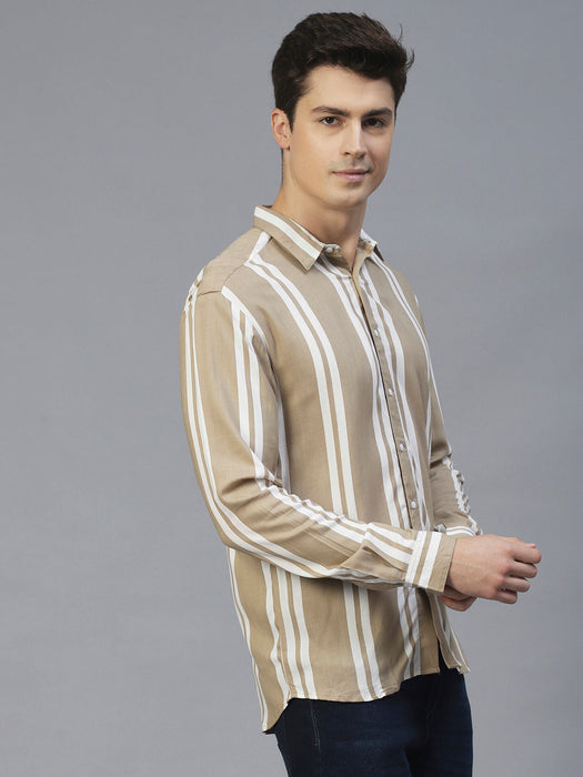 Beige Vertical Stripes Full Sleeves Shirt