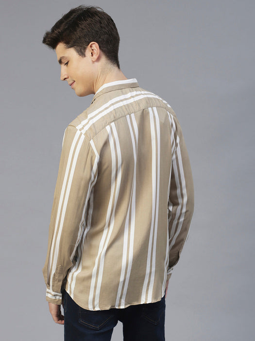 Beige Vertical Stripes Full Sleeves Shirt