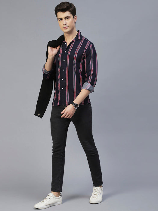 Navy Blue Vertical Stripes Full Sleeves Shirt