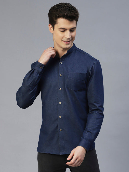 Blue Denim Banded Collar Full Sleeve Shirt