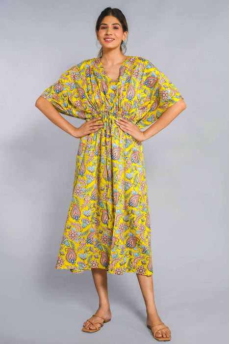 Shoolin Yellow Cotton Kaftan Printed Midi Dress- KF-5