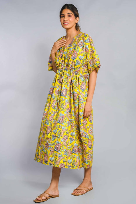 Shoolin Yellow Cotton Kaftan Printed Midi Dress- KF-5