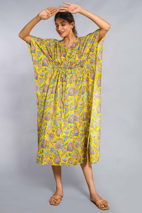 Shoolin Yellow Cotton Kaftan Printed Midi Dress- KF-5