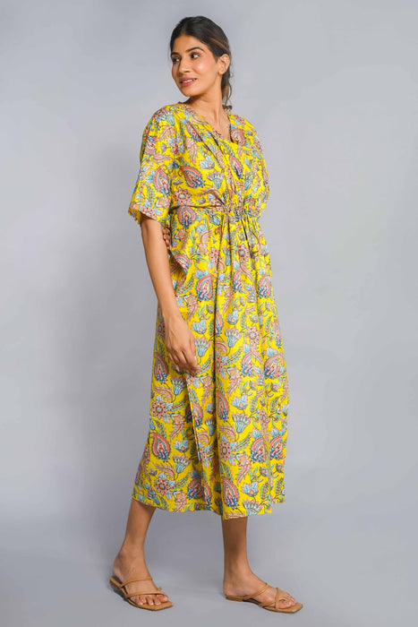 Shoolin Yellow Cotton Kaftan Printed Midi Dress- KF-5