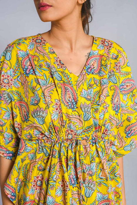 Shoolin Yellow Cotton Kaftan Printed Midi Dress- KF-5