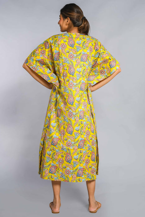 Shoolin Yellow Cotton Kaftan Printed Midi Dress- KF-5