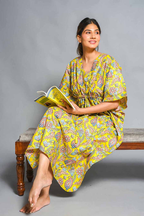 Shoolin Yellow Cotton Kaftan Printed Midi Dress- KF-5