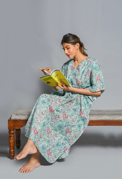 Shoolin Aqua Cotton Kaftan Printed Midi Dress- KF-3