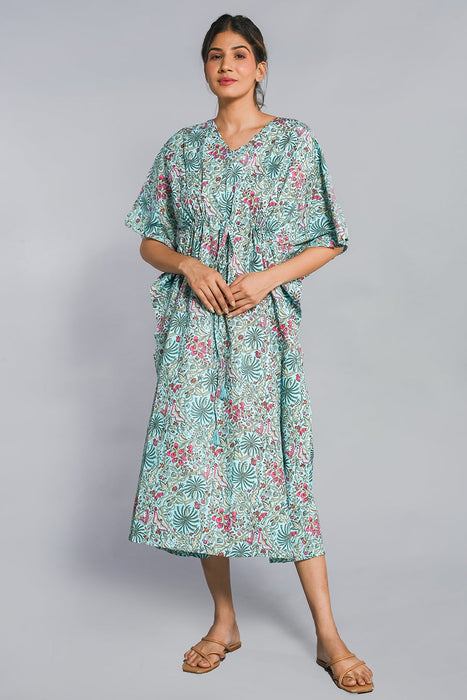 Shoolin Aqua Cotton Kaftan Printed Midi Dress- KF-3