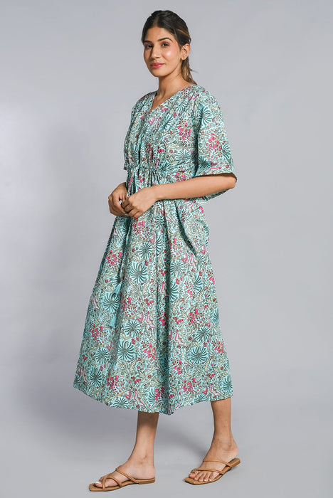 Shoolin Aqua Cotton Kaftan Printed Midi Dress- KF-3