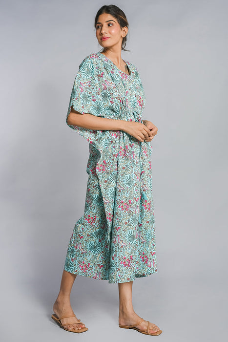 Shoolin Aqua Cotton Kaftan Printed Midi Dress- KF-3