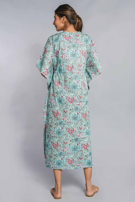 Shoolin Aqua Cotton Kaftan Printed Midi Dress- KF-3