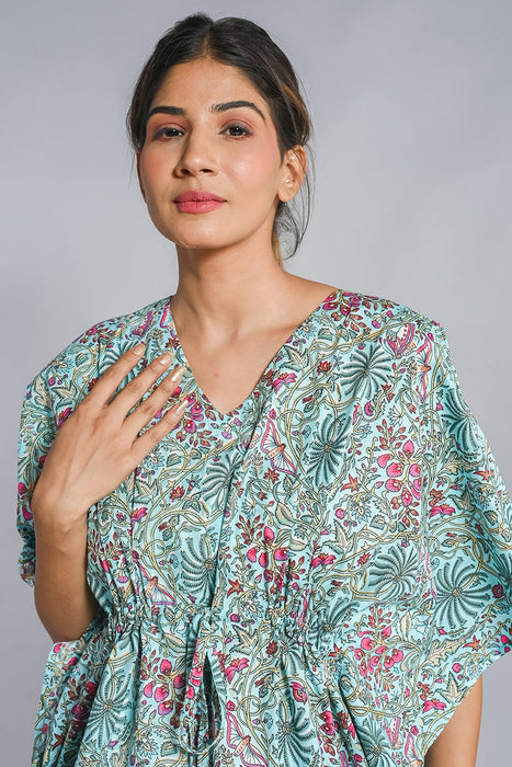 Shoolin Aqua Cotton Kaftan Printed Midi Dress- KF-3