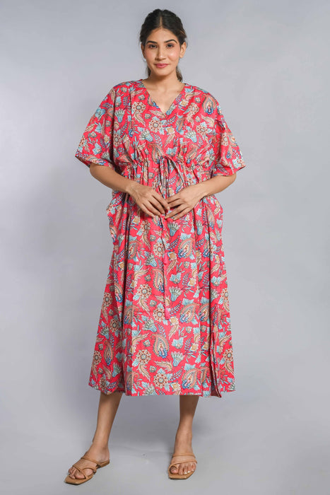 Shoolin Pink Cotton Kaftan Printed Midi Dress- KF-4