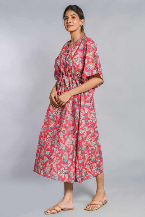 Shoolin Pink Cotton Kaftan Printed Midi Dress- KF-4