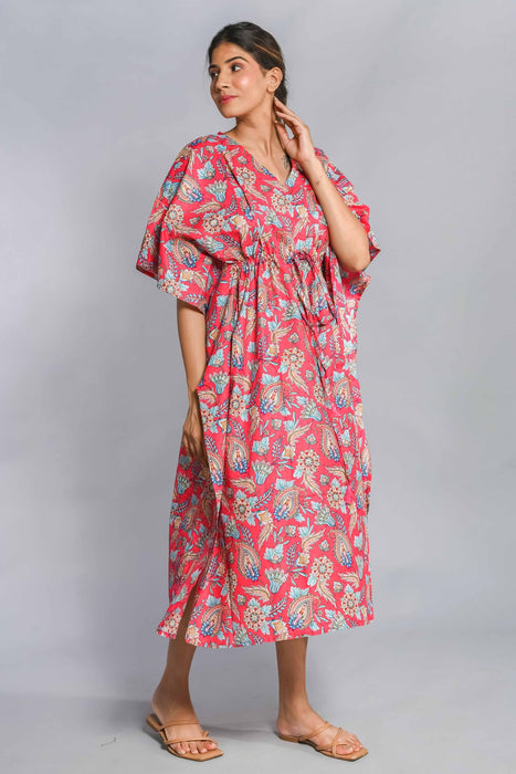 Shoolin Pink Cotton Kaftan Printed Midi Dress- KF-4