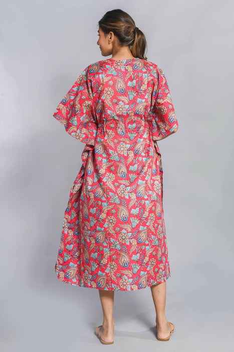 Shoolin Pink Cotton Kaftan Printed Midi Dress- KF-4