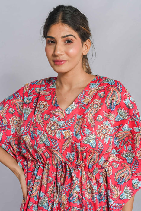 Shoolin Pink Cotton Kaftan Printed Midi Dress- KF-4