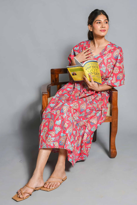 Shoolin Pink Cotton Kaftan Printed Midi Dress- KF-4