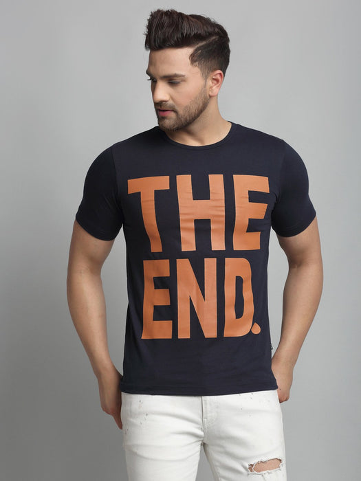 Navy THE END Placement Print Round Neck Cotton Half Sleeve T-Shirt