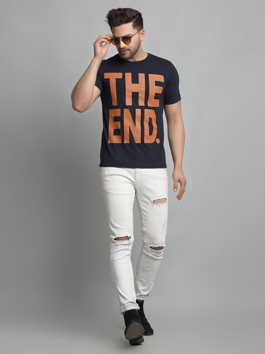 Navy THE END Placement Print Round Neck Cotton Half Sleeve T-Shirt