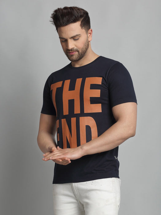 Navy THE END Placement Print Round Neck Cotton Half Sleeve T-Shirt