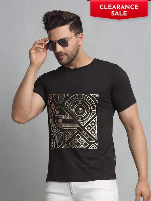 Black Foil Print Round Neck Cotton Half Sleeve T-Shirt