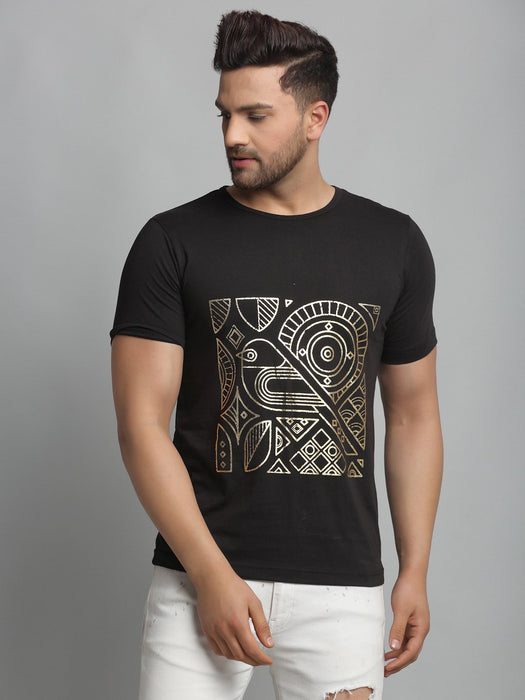 Black Foil Print Round Neck Cotton Half Sleeve T-Shirt