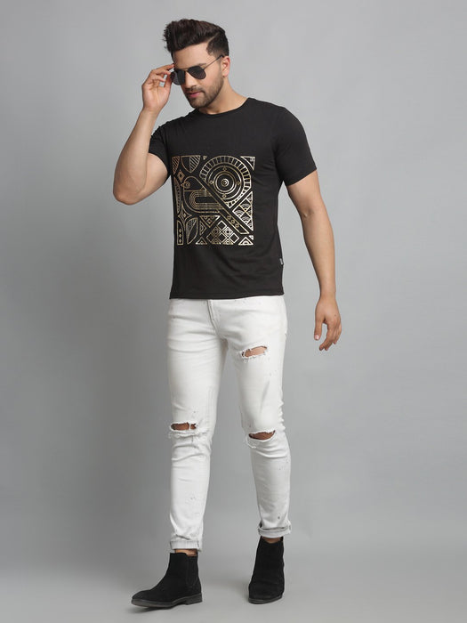 Black Foil Print Round Neck Cotton Half Sleeve T-Shirt