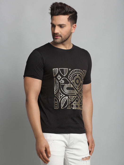 Black Foil Print Round Neck Cotton Half Sleeve T-Shirt