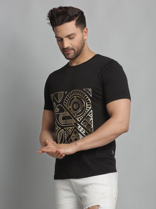 Black Foil Print Round Neck Cotton Half Sleeve T-Shirt