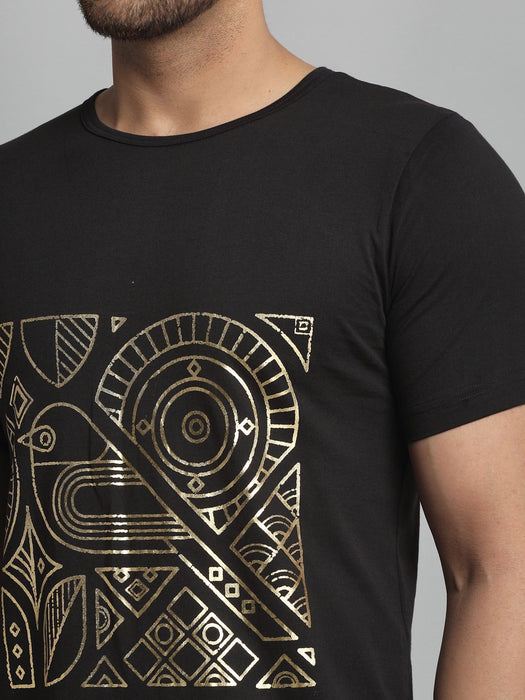 Black Foil Print Round Neck Cotton Half Sleeve T-Shirt