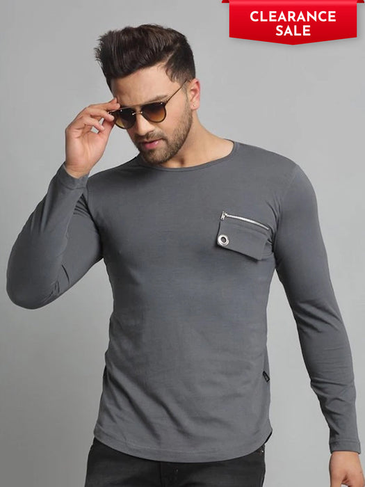 Grey Pocket Detailing Round Neck Cotton Full Sleeve T-Shirt