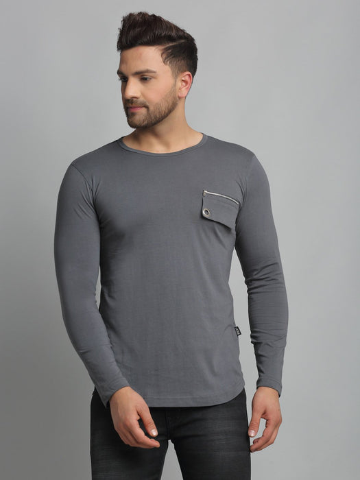 Grey Pocket Detailing Round Neck Cotton Full Sleeve T-Shirt