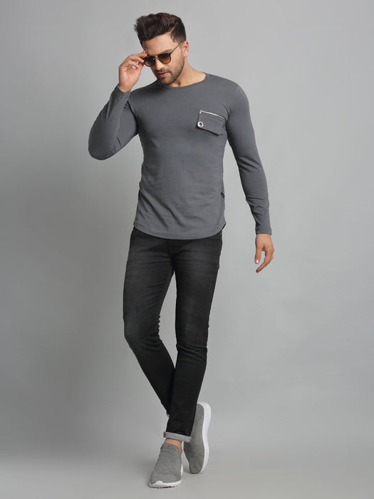 Grey Pocket Detailing Round Neck Cotton Full Sleeve T-Shirt