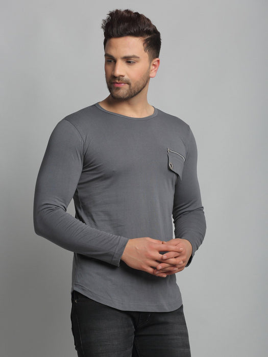 Grey Pocket Detailing Round Neck Cotton Full Sleeve T-Shirt